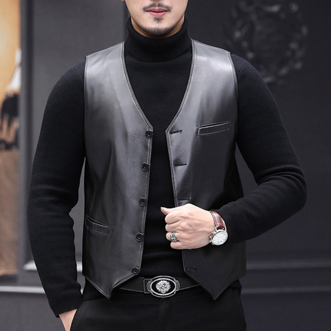 Classic Men Genuine Leather Sheepskin V-neck Waistcoat Male Winter Warm Dress Vests Hommes Casual Sleeveless Formal Suit  Gilet ► Photo 1/6