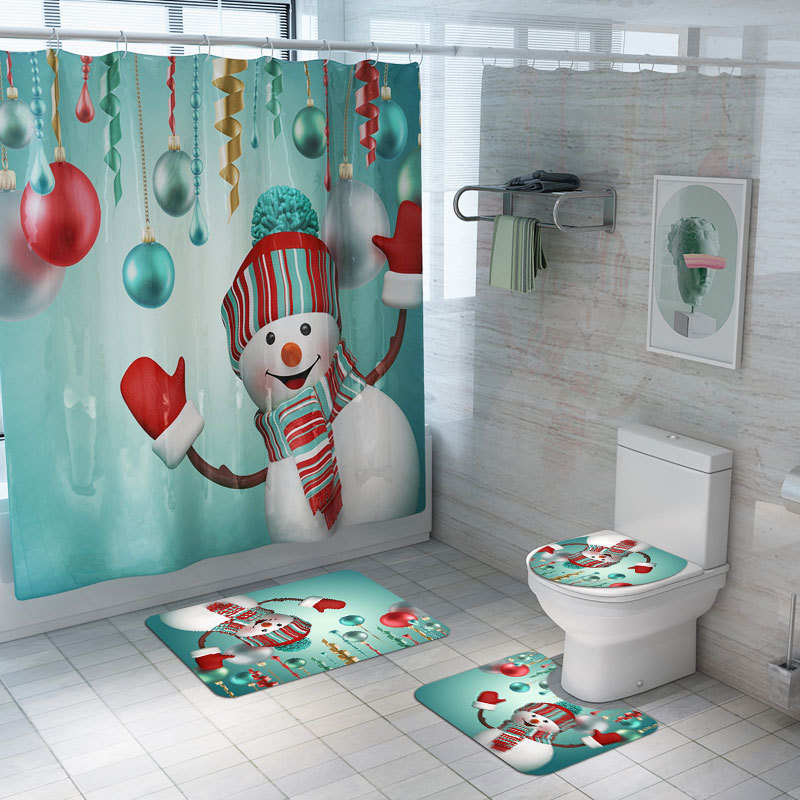 Merry Christmas Bathroom Set Snowman Santa Claus  Pattern Shower Curtain