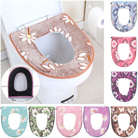 Universal Flannel Zipper Soft Toilet Seat Cover Pad Top Cover Warmer Bathroom WC Cover Washable Flower Pattern Toilet Seat Cover ► Photo 1/6