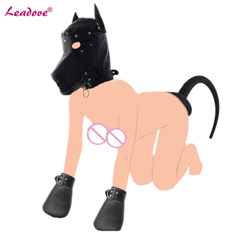 Deluxe Puppy Play Essentials Kit Leather Head Mask Hood Soft Paded Fist Mitts Paws Anal Butt Plug with Puppy Tails Sex Toys ► Photo 1/6
