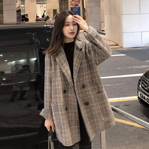 Loose Plaid Woolen Coat for Women Fashion Lapel Slim Women's Jackets 2022 Korean Women's Autumn Coat Woman clothing ► Photo 1/6