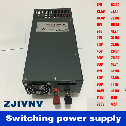 Switching Power Supply 1000W 12V 13.5V 13.8V 15V 24V 27V 36V 48V 50V 60V 72V 80V 90V 100V 110V 220V AC to DC Input 110v or 220v ► Photo 1/6