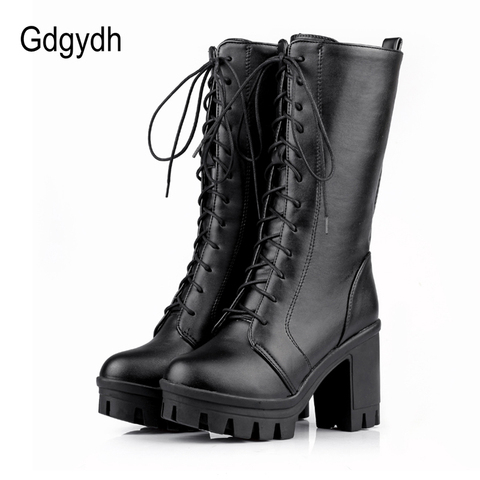 Gdgydh 2022 Hot Sale Spring Autumn Lacing Mid Calf Boots Women Fashion White Square Heels Woman Mortorcycle Boot Plus Size 34-43 ► Photo 1/6