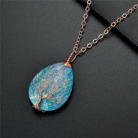 Fashion Handmade Tree of Life Copper Wire Wrapped Necklace Pendant Blue Resin Plastic Water Drop Healing Crystal Necklace ► Photo 1/6