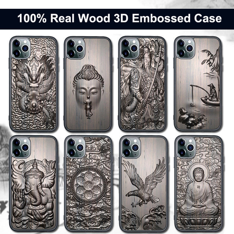 Sandalwood Case for iPhone 12 Pro Max Mini 11 XS Max XR SE 2022 X 7 8 Plus Phone Cases 3D Relief Embossed Wolf Tiger Fish Cover ► Photo 1/6