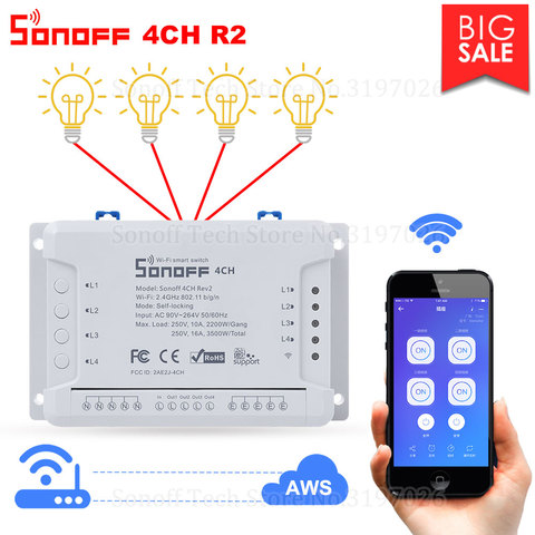 Itead Sonoff 4CH R2 Smart Wifi Switch 4 Gang Smart Home Remote Control Light Switch Works with Alexa Google Home eWeLink APP ► Photo 1/6