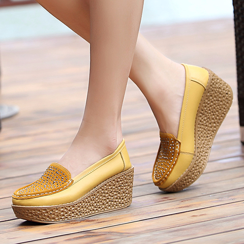 Women Genuine Leather Wedge Platform Shoes Ladies Slip On Crystal Flat Shoes High Heel 7cm Thick Sole Shallow Flats Casual Shoes ► Photo 1/6