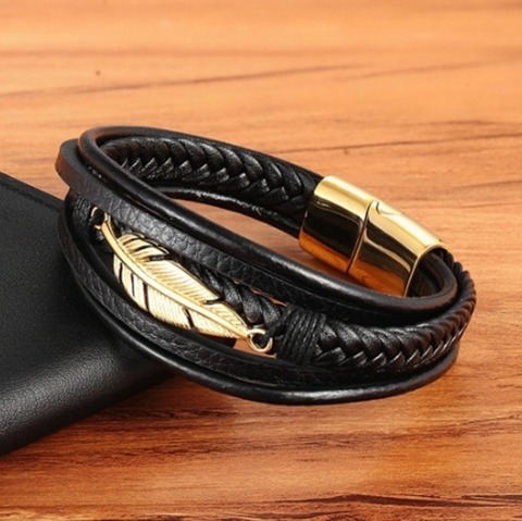 Classic Punk Stainless Steel Feather Accessories Multilayer Leather Bracelet Glamour Men's Rock Prom Jewelry ► Photo 1/1