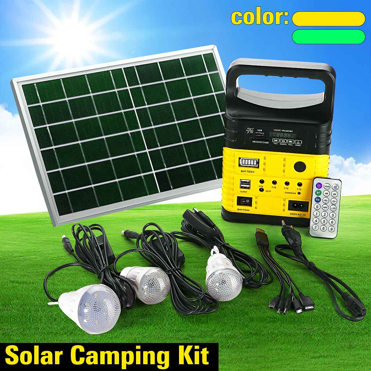 Emergency Solar Generator Lighting System Kit 12V 10W with Solar Panel USB Lamps 
