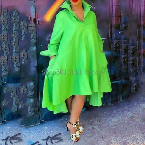 Plus Size Shirt Dress Women 2022 Spring Summer Long Sleeve Solid Green Loose Single Breasted Irregular Long Dresses Sundress ► Photo 1/2