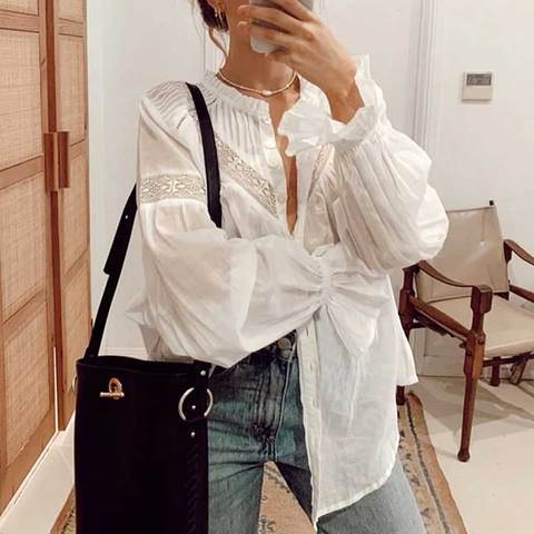 Boho Inspired Semi sheer white blouse for women Frilled neckline buttons down sexy women tops ladies long sleeve blouse shirt ► Photo 1/6