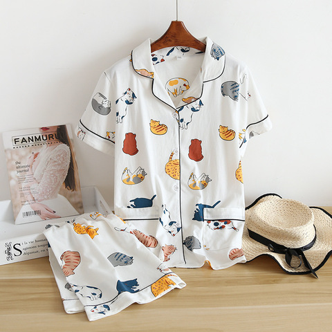 New 100% cotton short-sleeved shorts ladies pajamas set cute cartoon pajamas Japanese simple short pajamas women home service ► Photo 1/6