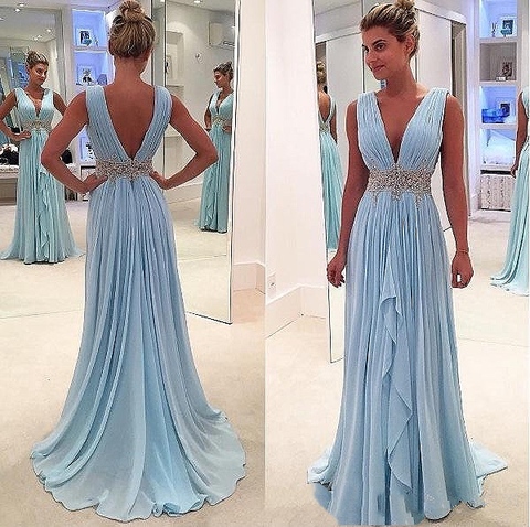 Blue 2022 Prom Dresses A-line Deep V-neck Chiffon Beaded Party Maxys Plus Size Long Prom Gown Evening Dresses ► Photo 1/1