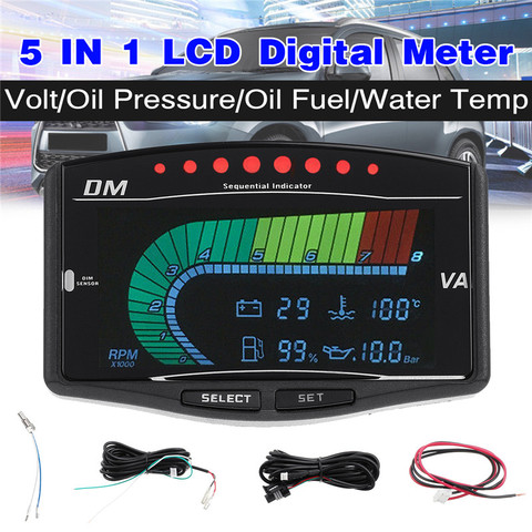 Newest 5 In 1 Universal 12v/24v Truck Car LCD Digital Oil Pressure Gauge Volt Voltmeter Water Temperature Fuel Gauge Tachometer ► Photo 1/6