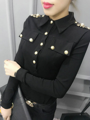 2022 Spring Long Sleeve Turn Down Collar epaulet Cotton Shirts Women Button Cotton Blouses Women epaulet Cotton Tops ► Photo 1/6