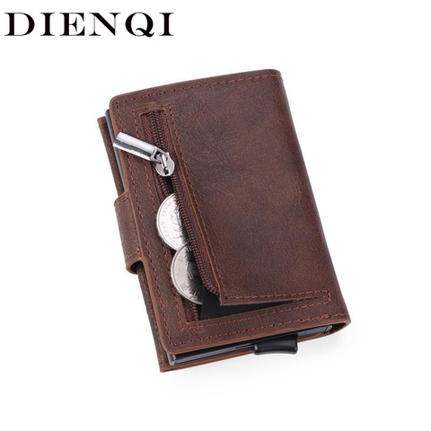 DIENQI Rfid Blocking Card Holder Men Wallets Slim Thin Leather Metal Magic Smart Wallet Male Coin Purse Coffee Wallets for men ► Photo 1/6