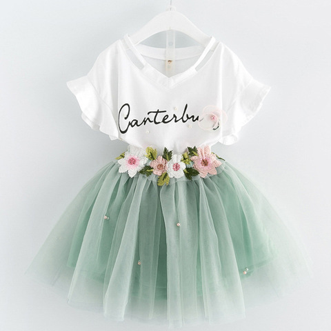 Girls Dresses 2022 Brand Kids Clothes Butterfly Sleeve Letter T-shirt Floral Voile Dress 2Pcs for Clothing Sets Children Dress ► Photo 1/6