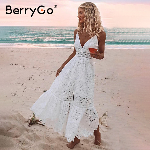 BerryGo White pearls sexy women summer dress 2022 Hollow out embroidery maxi cotton dresses Evening party long ladies vestidos ► Photo 1/6