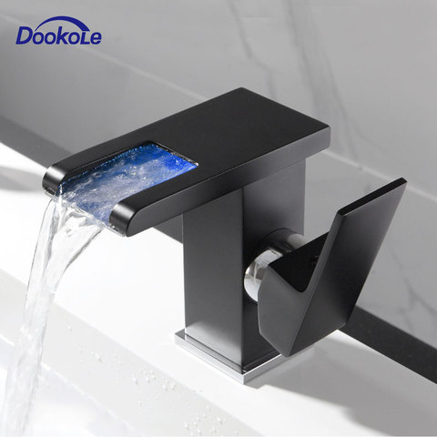 LED Waterfall Bathroom Basin Faucet, Single Handle Cold Hot Water Mixer Sink Tap RGB Color Change Powered by Water Flow ► Photo 1/6