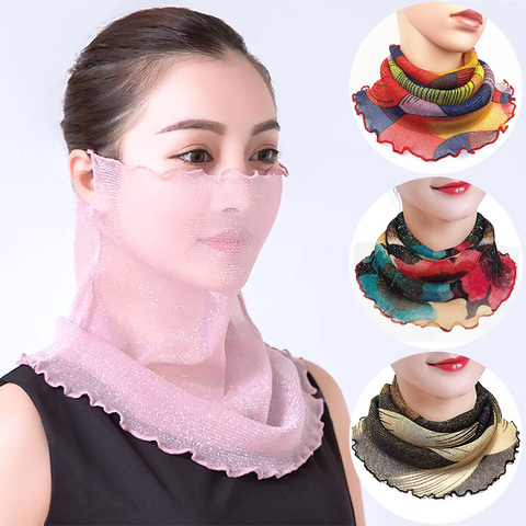 Women Face Cover Masks Fashion Bright Silk Bib Neck Cover Sun Protection Hanging Ear Veil Summer Scarf Breathable Mesh Headband ► Photo 1/6