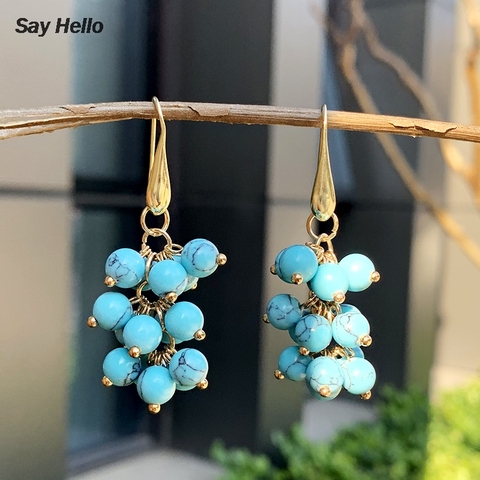 SAY HELLO High Quality Round Beads Dangle Earrings for Women Turquoises Charm Beaded Hook Earrings Jewelry K2493 ► Photo 1/6