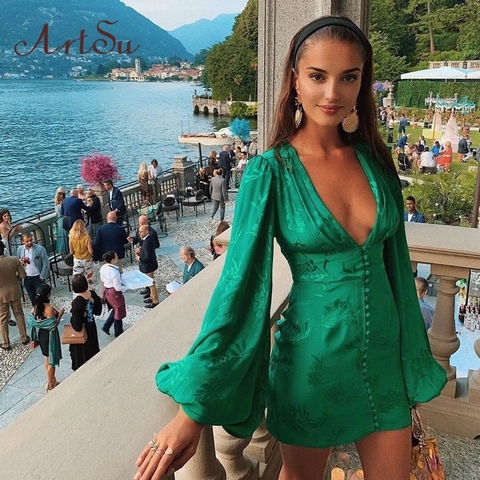 ArtSu Women's Satin Dresses Green Deep V Neck Botton Lantern Sleeve Mini Dress Sexy Female Party Dresses Club Autumn ASDR60551 ► Photo 1/6