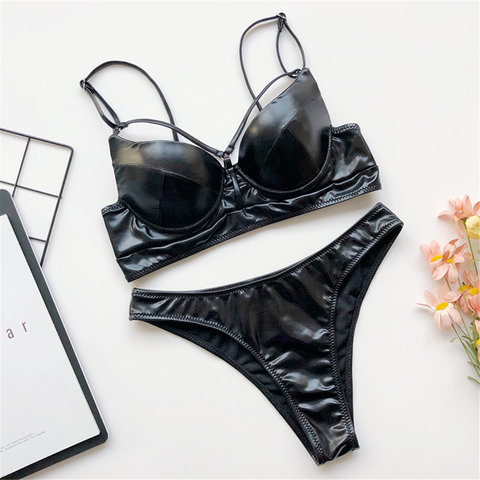 New Sexy PU Faux Leather Bikini Female Swimsuit Women Swimwear Two-piece Bikini set With Bra Cup Bather Bathing Suit Swim Y1897 ► Photo 1/6