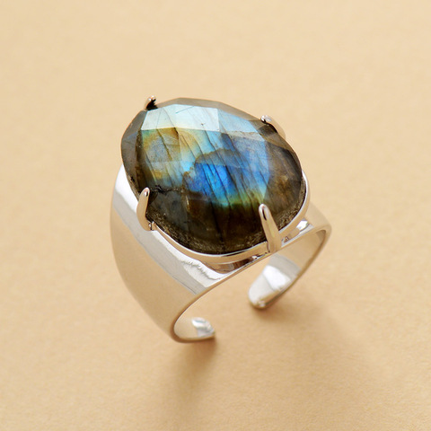 High End Big Natural Stone Rings Jewelry Labradorite Luxury Party Cocktail Ring Size 7 ► Photo 1/6