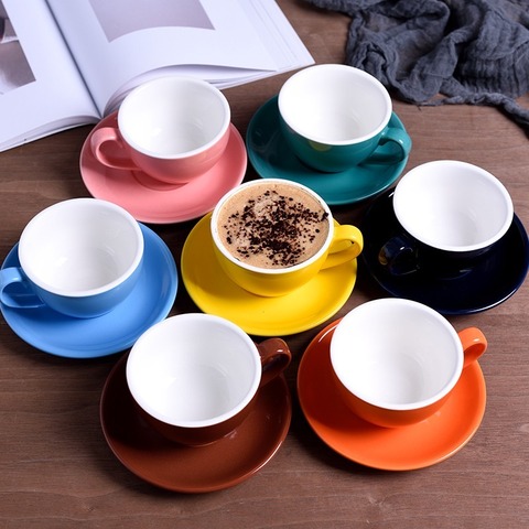 220ml Ceramic Coffee Mug with Dish Saucer Set European Color Glaze Milk Cappuccino Latte Cup Custom Logo ► Photo 1/6