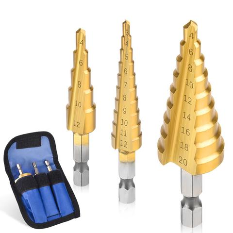 3 Pcs sets 3-12mm 4-12mm 4-20mm HSS Straight Groove Step Drill Bit Set Titanium Coated Wood Metal Hole Cutter ► Photo 1/6