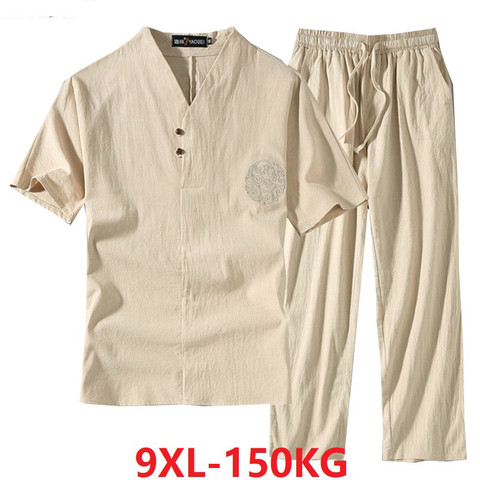 Men's Clothing Large Size Tracksuit Husband 2022 Summer Suit Linen t-shirt Fashion Male Set Chinese Style 8XL 9XL plus Two Piece ► Photo 1/6