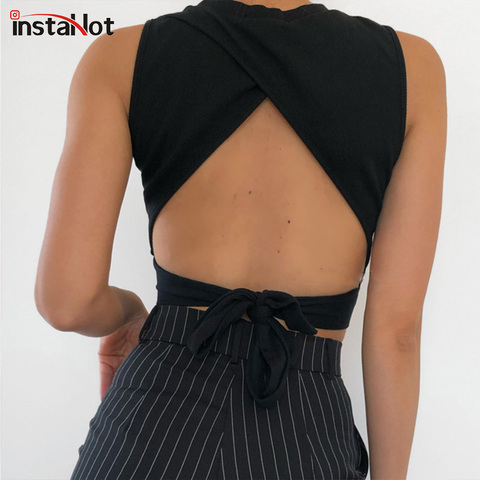 InstaHot sexy backless women tank top bandage slim crop top summer 2022 casual streetwear tops solid cotton soft criss cross top ► Photo 1/6