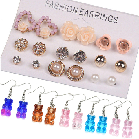 12/ 9 Pairs/Set Women's Pearl Flower Crystal Studs Earrings Girls Elegant Rose Flower Heart Ear Jewelry Gift ► Photo 1/6