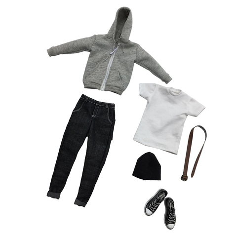 1:6 Men's Outfits Gray Hoodie T-shirt Jeans Belt Hat Shoes Set for 12'' Action Figure ► Photo 1/6