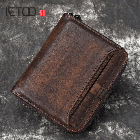 AETOO Wallet man short head layer cowhide money Clip Men's retro wallet vertical zipper casual Youth small wallet ► Photo 1/6
