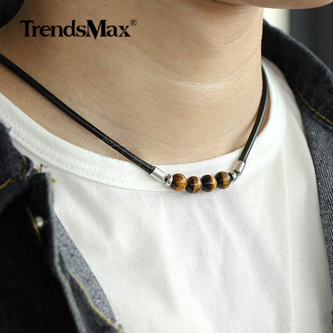 Trendsmax 8mm Natural Tiger Eye Stone Bead Necklace Charm Black Leather Cord Choker Necklace for Men Women Jewelry Gift DN125 ► Photo 1/6