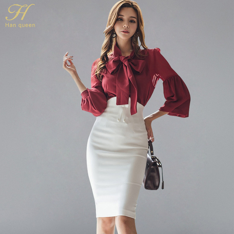 H Han Queen Women's 2022 Autumn Vintage Work Wear Set New Chiffon Lantern Sleeve Blouses And White Sheath Pencil Bodycon Skirts ► Photo 1/6