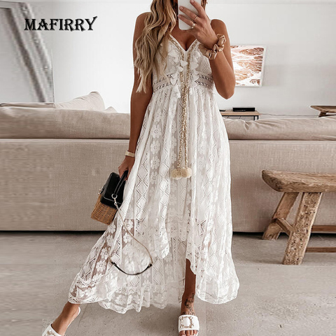 2022 Summer Casual V-Neck Lace Patchwork Dress Women Mid-Calf Dress Sexy Hollow Out Sleeveless Spaghetti Strap Dress Vestidos ► Photo 1/6