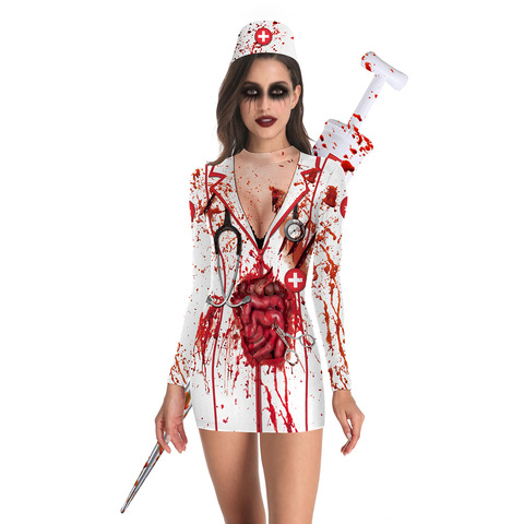 Ladies Halloween Party Horror Costumes Bloody Nurse Zombie Dress Cosplay Sexy Ladies Round Neck Long Sleeve Pack Hip Dress ► Photo 1/6