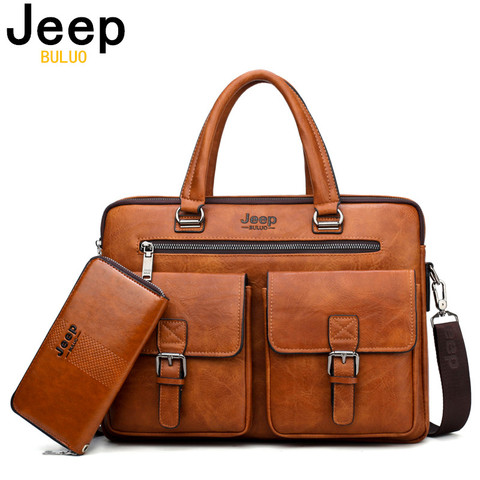 JEEP BULUO Brand Man'sBusiness Briefcase Bag 2pcs/set Split Leather High Quality Men office Bags For 13. 3 inch Laptop A4 Causel ► Photo 1/6