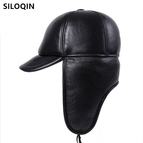 SILOQIN warm earmuff caps genuine leather hat men's cowhide leather baseball cap new winter thick velvet winter hats for elderly ► Photo 1/6