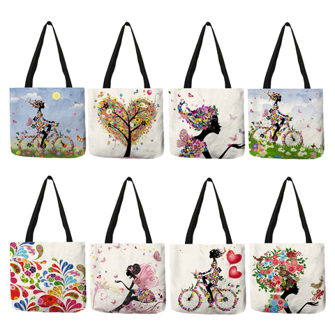 Wishing Girl Print Linen Reusable Shopping Bags Women Large Tote Bags 2022  Fashion Handbags With Customized Printed ► Photo 1/6