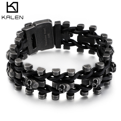 Kalen Punk Link Chain Stainless Steel Boiled Black Skeleton Leather Woven Men's Bracelet Jewelry Accessories ► Photo 1/6