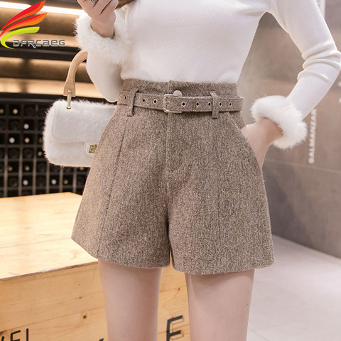 New Autumn Winter High Waist Wide Leg Woolen Shorts Women Khaki Gray Black Outerwear Warm Shorts With Belt A-line Short Femme ► Photo 1/6