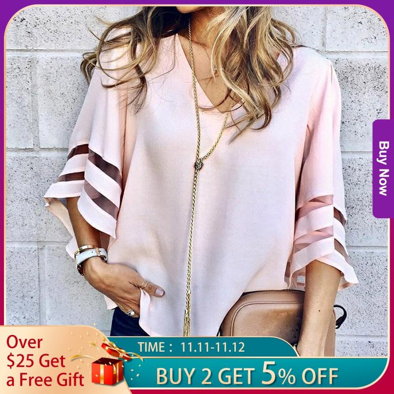 Gentillove 2022 Women V Neck Flared Sleeves Blouse Female Shirt