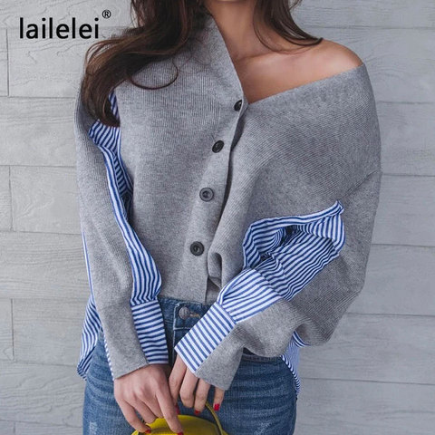 Female Patchwork Sweater Button Cardigan Laine Lovely Jumper V Neck Black Grey Sweaters Casual Women Autumn Knitting Stripe Tops ► Photo 1/6