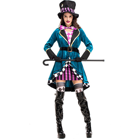 Alice in Wonderland Clown Mad Hatter Costume for Adults Women Fantasias Sexy Magician Cosplay Halloween Carnival Magic Dress ► Photo 1/5
