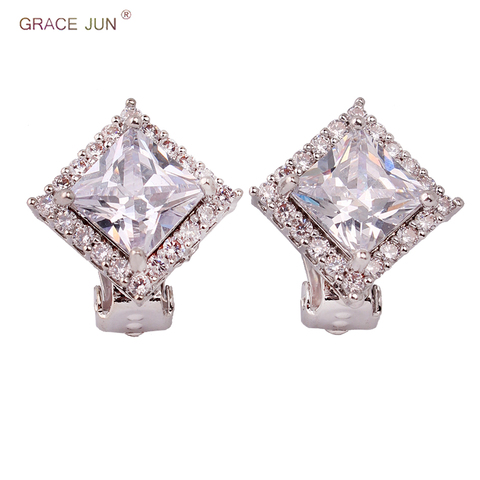 GRACE JUN High Quality AAA Cubic Zircon Geometric Square Clip on Earrings for Women Luxury Fashion Bride Wedding Ear Clip New ► Photo 1/6