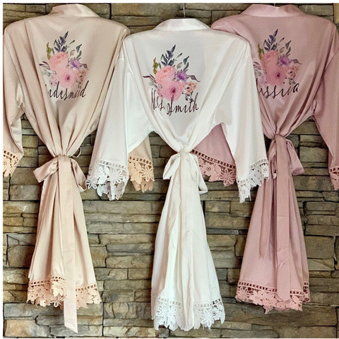 Floral dusty rose bridal shower robe custom Lace satin bride robes bridesmaid nightgown Bathrobe proposal gift wedding keepsake ► Photo 1/6