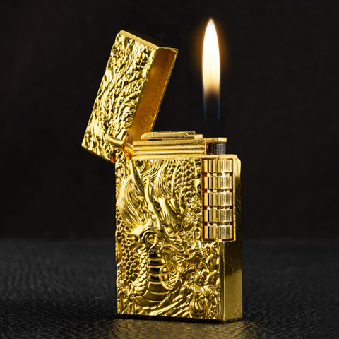 New Ultra Thin Free Fire Metal Lighter Embossed Gold Dragon Grinding Wheel Flint Gas Lighter Butane Windproof Cigarette Lighters ► Photo 1/4